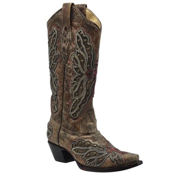Corral Women's Weathered LD Bronze/Gold Red Wing & Cross Studs 9M - Picture 1 of 12